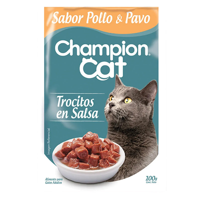 Mascotas - Champion Cat Trocitos En Salsa Pollo y Pavo 100Grs.